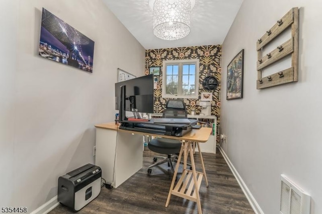 18 Higgins Farm Rd, Delaware Twp, NJ 08559 - office area with an inviting chandelier, baseboards, wood finished floors, and visible vents