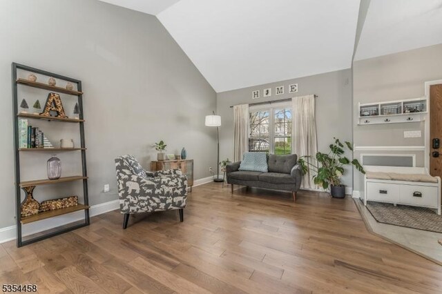 18 Higgins Farm Rd, Delaware Twp, NJ 08559 - living area featuring baseboards, wood finished floors, and high vaulted ceiling