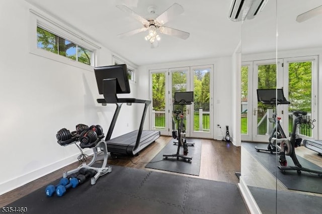 workout room featuring french doors, wood finished floors, and plenty of natural light