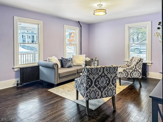 living room with radiator heating unit, baseboards, and dark wood-type flooring