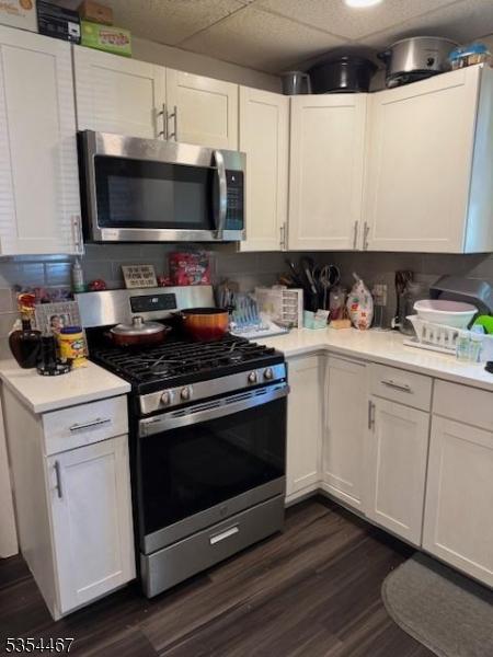 252 Spring St, Newton Town, NJ 07860 - kitchen featuring stainless steel appliances, light countertops, dark wood-type flooring, and white cabinets