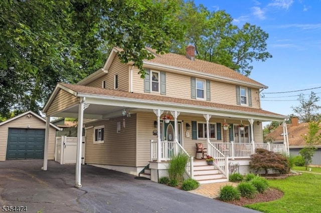8 Katherine St, Denville Twp, NJ 07834 - view of front facade featuring a carport, asphalt driveway, an outbuilding, covered porch, and a chimney