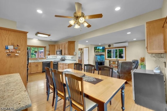 8 Katherine St, Denville Twp, NJ 07834 - dining space with a wall mounted air conditioner, a ceiling fan, light wood finished floors, and recessed lighting