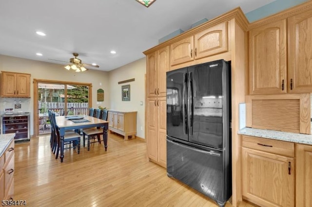 8 Katherine St, Denville Twp, NJ 07834 - kitchen with freestanding refrigerator, wine cooler, light brown cabinetry, light wood finished floors, and recessed lighting