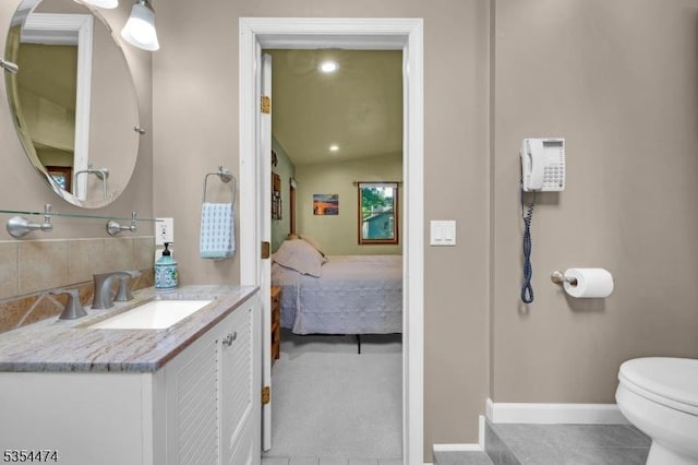 8 Katherine St, Denville Twp, NJ 07834 - ensuite bathroom with vanity, backsplash, and tile patterned flooring