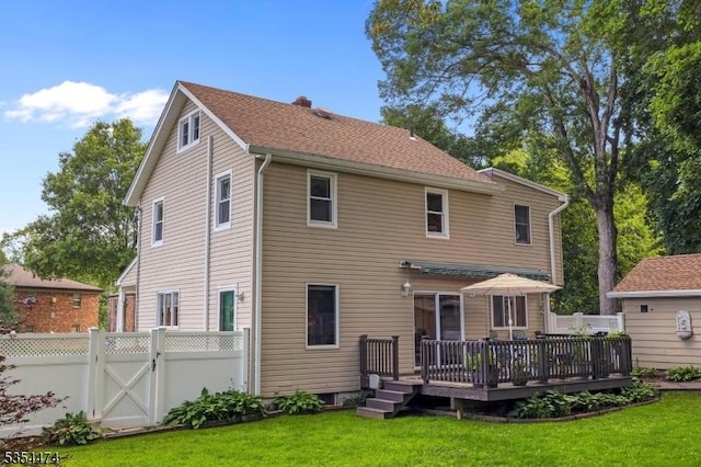 8 Katherine St, Denville Twp, NJ 07834 - back of house with a wooden deck, a chimney, and a gate