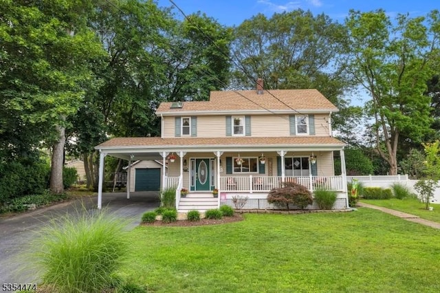 8 Katherine St, Denville Twp, NJ 07834 - farmhouse inspired home with asphalt driveway, a porch, a garage, and a chimney
