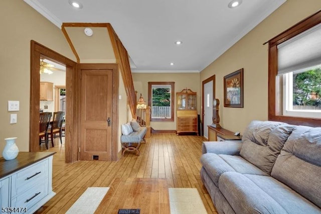 8 Katherine St, Denville Twp, NJ 07834 - living area with light wood-style floors, crown molding, recessed lighting, and a ceiling fan