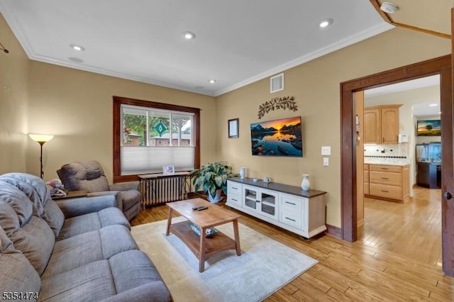 8 Katherine St, Denville Twp, NJ 07834 - living area featuring ornamental molding, light wood-type flooring, radiator, and recessed lighting