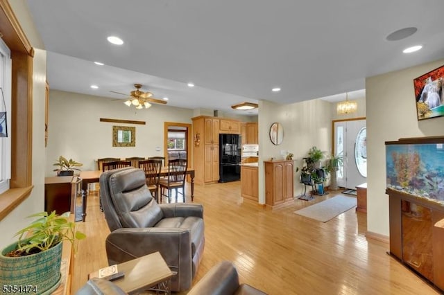 8 Katherine St, Denville Twp, NJ 07834 - living room with light wood-style flooring, a chandelier, recessed lighting, and a ceiling fan