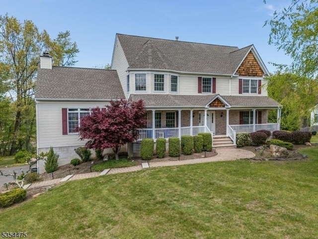 11 Southgate Dr, Clinton Twp, NJ 08801 - view of front of property featuring a chimney, a porch, roof with shingles, and a front lawn