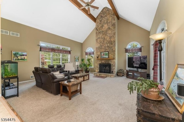 11 Southgate Dr, Clinton Twp, NJ 08801 - living room featuring carpet, ceiling fan, visible vents, high vaulted ceiling, and a fireplace