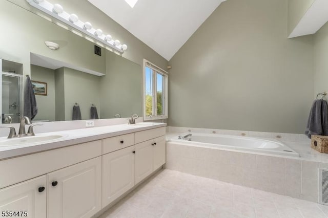 11 Southgate Dr, Clinton Twp, NJ 08801 - bathroom featuring a stall shower, a bath, a sink, double vanity, and vaulted ceiling