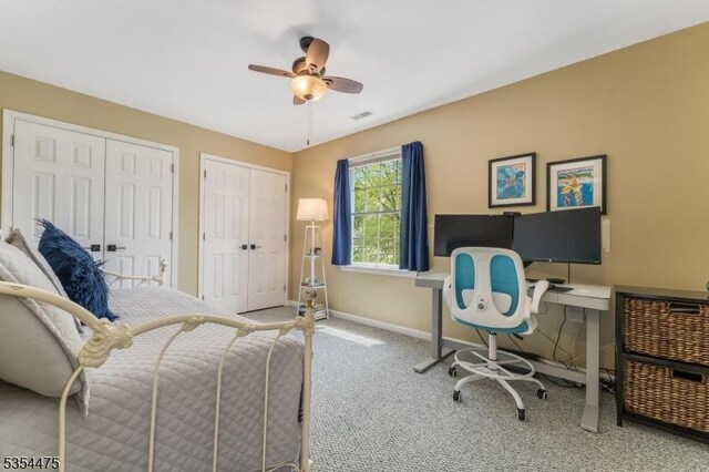 11 Southgate Dr, Clinton Twp, NJ 08801 - bedroom featuring carpet, visible vents, two closets, ceiling fan, and baseboards