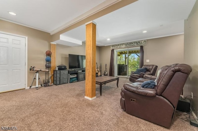 11 Southgate Dr, Clinton Twp, NJ 08801 - carpeted living room featuring crown molding, baseboards, and recessed lighting