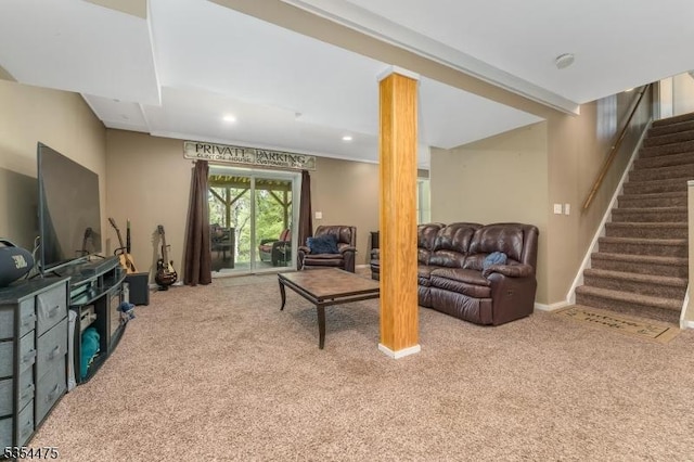 11 Southgate Dr, Clinton Twp, NJ 08801 - carpeted living room with stairway, baseboards, and recessed lighting