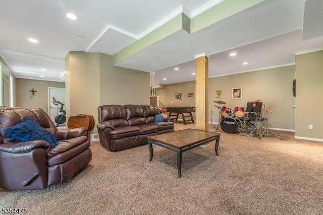 11 Southgate Dr, Clinton Twp, NJ 08801 - carpeted living room featuring baseboards, ornamental molding, and recessed lighting