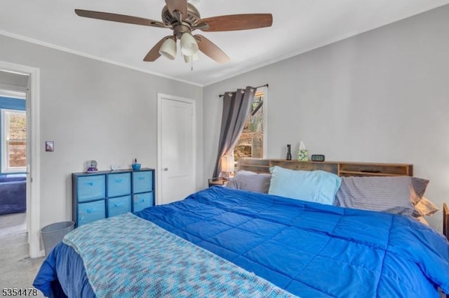 bedroom featuring carpet flooring, a ceiling fan, and crown molding