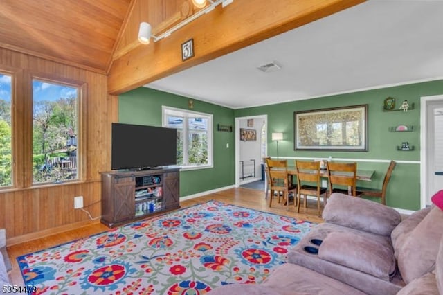 living area with wooden walls, baseboards, and wood finished floors