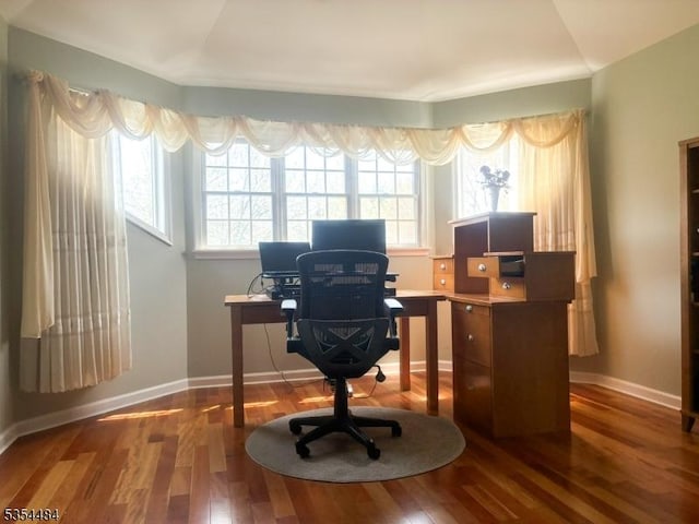 home office featuring baseboards and wood finished floors