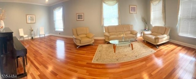 living room with baseboards, ornamental molding, and wood finished floors