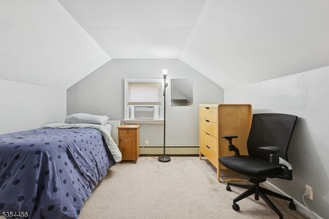 bedroom featuring baseboards, cooling unit, vaulted ceiling, and light colored carpet