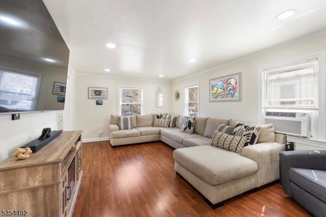 living room featuring recessed lighting, ornamental molding, cooling unit, and dark wood-style floors