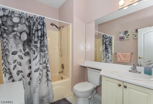 bathroom featuring vanity, shower / bathtub combination with curtain, tile patterned floors, and toilet
