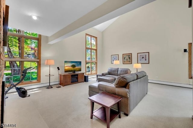 21 Dorset Rd, Washington Twp, NJ 07853 - living room featuring a baseboard heating unit, light carpet, baseboards, and high vaulted ceiling