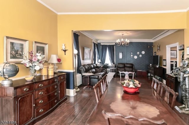 dining space with a notable chandelier, ornamental molding, and dark wood-type flooring