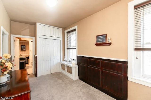 interior space featuring a closet and light colored carpet