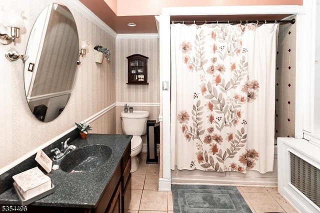 bathroom featuring vanity, tile patterned floors, wallpapered walls, toilet, and shower / bathtub combination with curtain
