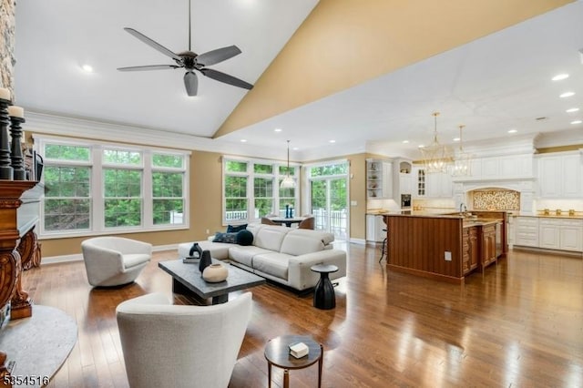 26 Avon Rd, Warren Twp, NJ 07059 - living room with lofted ceiling, a ceiling fan, dark wood-type flooring, and recessed lighting