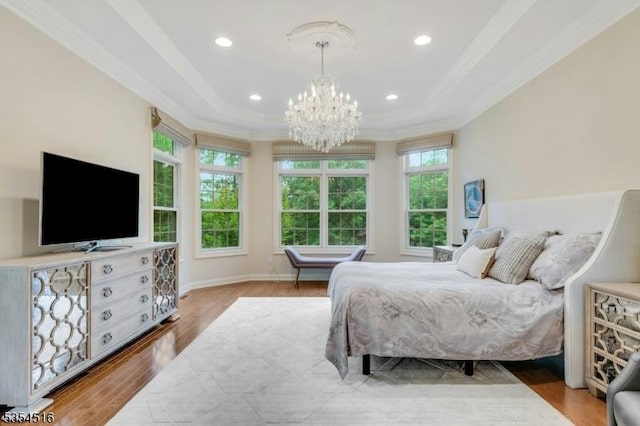 26 Avon Rd, Warren Twp, NJ 07059 - bedroom with crown molding, a chandelier, wood finished floors, recessed lighting, and a tray ceiling