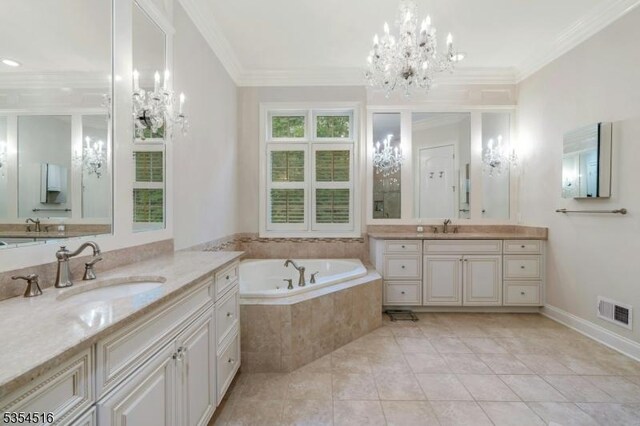 26 Avon Rd, Warren Twp, NJ 07059 - full bath with a chandelier, a garden tub, two vanities, tile patterned flooring, and ornamental molding