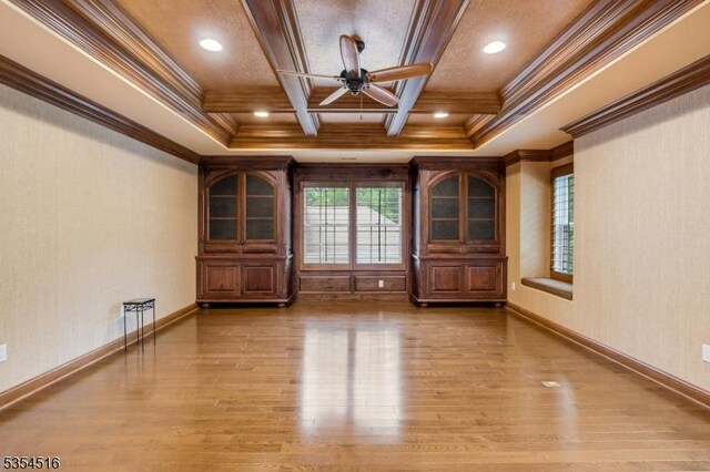 26 Avon Rd, Warren Twp, NJ 07059 - unfurnished living room with a ceiling fan, wood finished floors, ornamental molding, coffered ceiling, and beam ceiling
