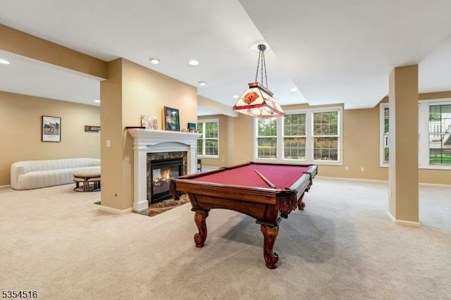 26 Avon Rd, Warren Twp, NJ 07059 - game room with carpet, a premium fireplace, recessed lighting, baseboards, and billiards table