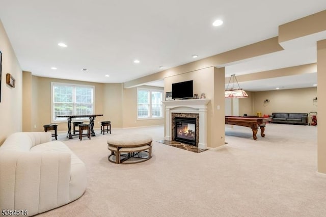 26 Avon Rd, Warren Twp, NJ 07059 - carpeted living area with pool table, recessed lighting, a fireplace, and baseboards