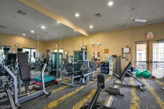 26 Avon Rd, Warren Twp, NJ 07059 - workout area with french doors, crown molding, recessed lighting, and ceiling fan