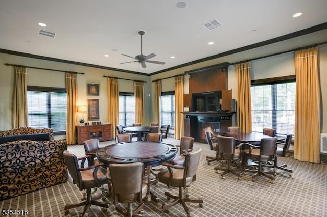 26 Avon Rd, Warren Twp, NJ 07059 - carpeted dining space featuring ornamental molding, healthy amount of natural light, a ceiling fan, and recessed lighting