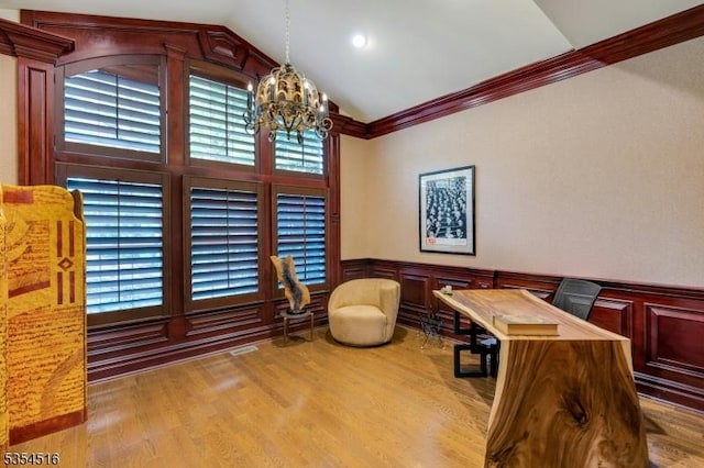 26 Avon Rd, Warren Twp, NJ 07059 - home office with a chandelier, crown molding, wood finished floors, wainscoting, and lofted ceiling