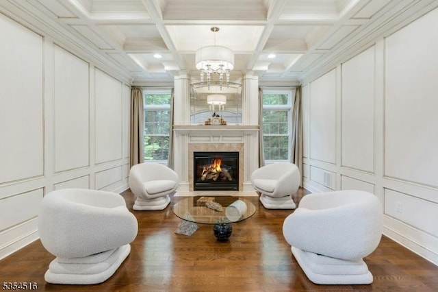 26 Avon Rd, Warren Twp, NJ 07059 - sitting room with a decorative wall, healthy amount of natural light, a high end fireplace, ornamental molding, and coffered ceiling
