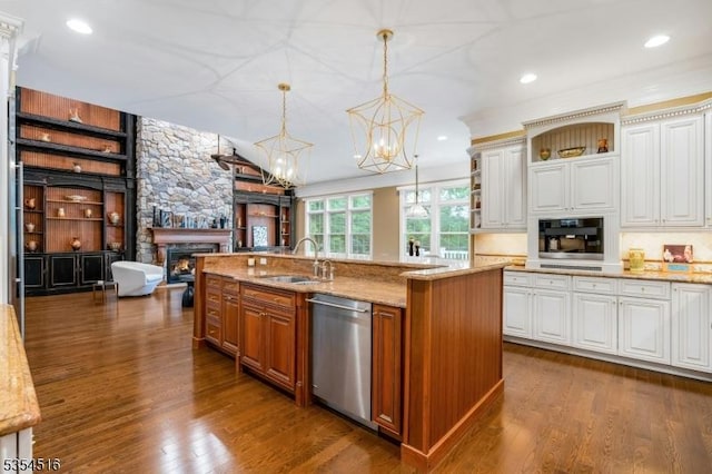 26 Avon Rd, Warren Twp, NJ 07059 - kitchen with dishwasher, a sink, a large fireplace, a chandelier, and open shelves