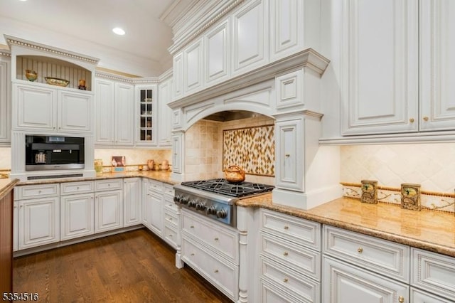 26 Avon Rd, Warren Twp, NJ 07059 - kitchen with stainless steel gas stovetop, white cabinets, backsplash, recessed lighting, and dark wood finished floors