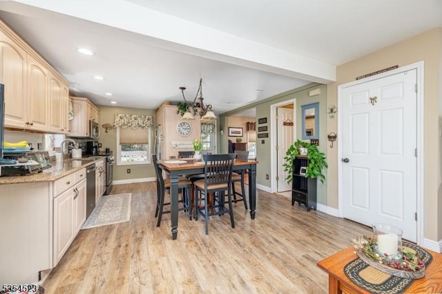 dining space featuring beam ceiling, baseboards, a notable chandelier, recessed lighting, and light wood-style flooring