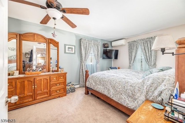 carpeted bedroom featuring an AC wall unit, a ceiling fan, and a baseboard radiator