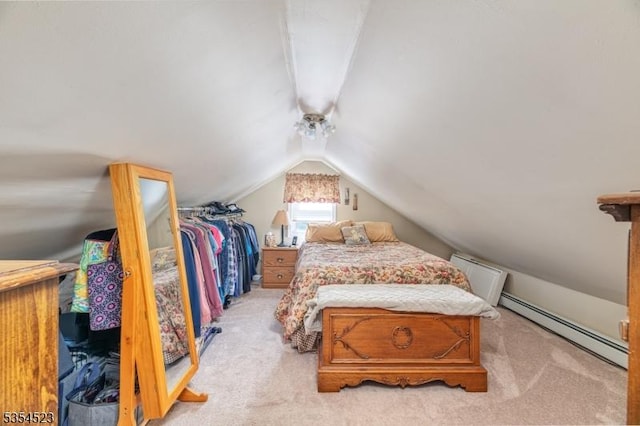 bedroom with light colored carpet, a baseboard radiator, and vaulted ceiling