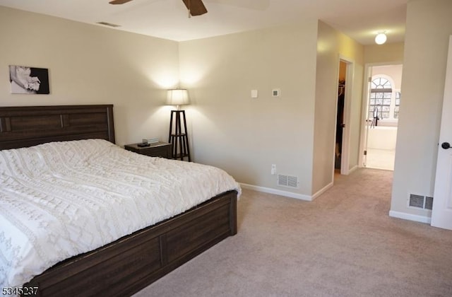 carpeted bedroom with baseboards, visible vents, and ceiling fan