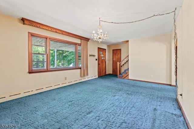 226 Wilson Rd, Franklin Twp, NJ 08873 - unfurnished room featuring an inviting chandelier, carpet floors, baseboards, baseboard heating, and stairway