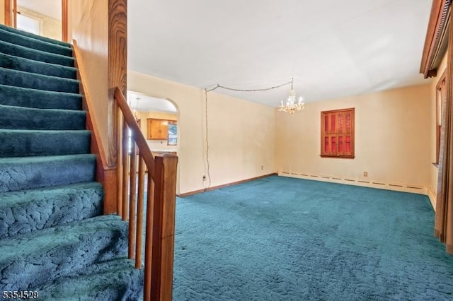 226 Wilson Rd, Franklin Twp, NJ 08873 - interior space with carpet floors, a notable chandelier, stairway, and a baseboard radiator